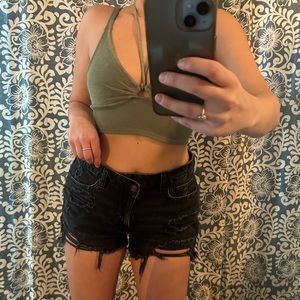 American Eagle Outfitters Crossover Denim Mom Shorts.